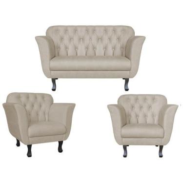 Imagem de Kit Namoradeira + 2 Poltronas Decorativa Dália Suede Bege Pés Madeira 