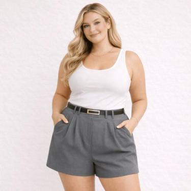Imagem de Short Alfaiataria Plus Size Feminino Viscolinho Cintura Alta Com Zíper