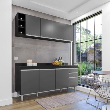 Imagem de Cozinha Compacta Ágatha 180cm 8 Portas 2 Gavetas com Tampo Preto Grafite Maderatto Móveis