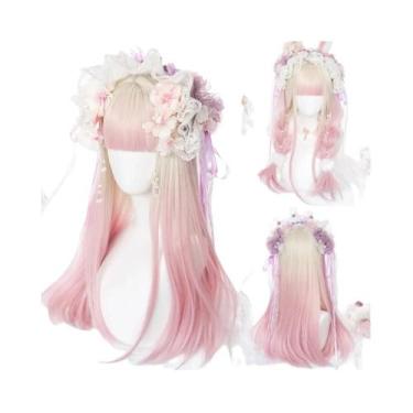 Imagem de Peruca Sintética Longa Lisa Ombré Prata Cinza Azul Com Franja Para Cos