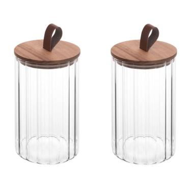 Imagem de Conjunto 02 Potes de Vidro Canelado com Tampa Hermética de Acácia 880ml Wolff