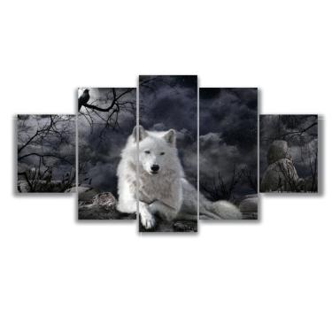 Imagem de Kit 5 Quadros Decorativos Sala Lobo Branco Mosaico