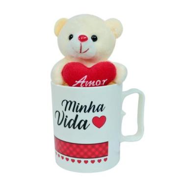 Imagem de Caneca de plástico 400ml com ursinho de poliester ventosa chaveiro - F