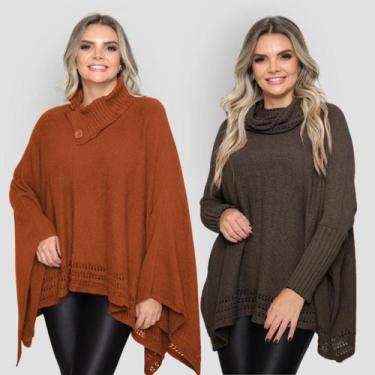 Imagem de Kit 2 Poncho Feminino Tricot Liso Gola Alta Casaco Lã Inverno - Rosile