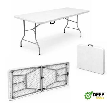 Imagem de Mesa Dobrável Portátil 1,80m Vira Maleta com Alça Camping Praia Festas