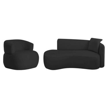 Imagem de Kit Divã Recamier 180cm E Poltrona Luxo Suíça Lado Esquerdo Bouclé Preto