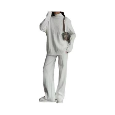 Imagem de Conjunto De Moletom Feminino Branco De Tricô: Suéter Gola Alta E Calça