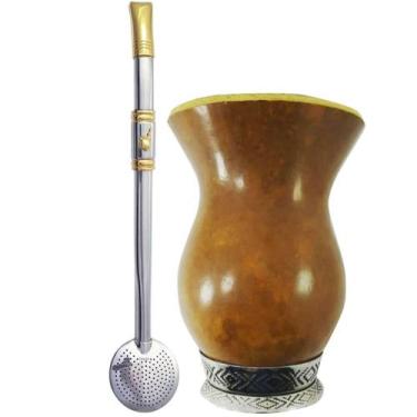 Imagem de Kit Cuia de Porongo com Base e Bomba de Chimarrão Inox e Ouro 18k Tere