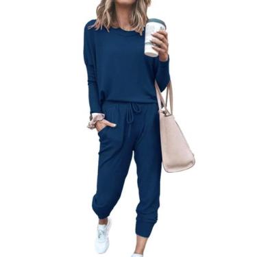 Imagem de Conjunto de Moletom Feminino PRETTYGARDEN 2 Peças Azul Escuro 3XL