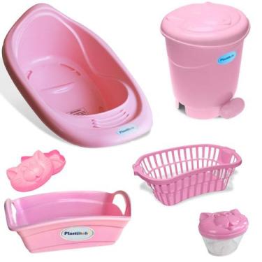 Imagem de Kit banho bebe plastibaby 6 pçs banheira cesto lixeira saboneteira por