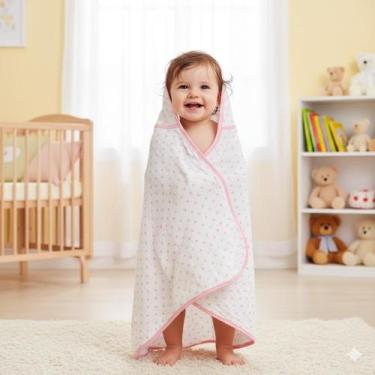 Imagem de Toalha de Banho Bebê Menina com Capuz com 3 Pano de Boca Rosa Babete I