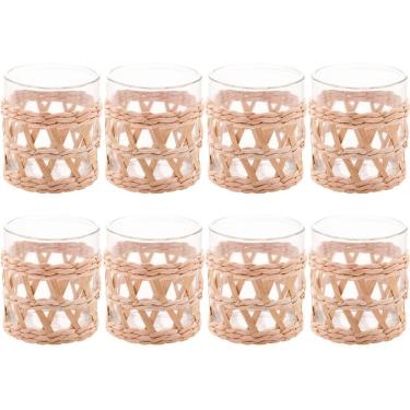 Imagem de Conjunto 8 Copos Baixos de Vidro Wolff com Sisal 320ml Decorados Fibra Natural Rústicos