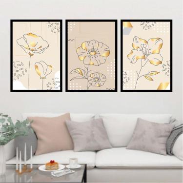 Imagem de Kit 3 Quadros Decorativos Abstrato - Flor Rosa e Dourada
