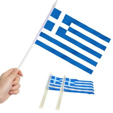 Imagem de Anley Greece Mini Flag 12 Pack - Bandeiras gregas em miniatura pequenas portáteis na vara - Resistente ao desbotamento e cores vívidas - 5x8 polegadas com poste sólido e topo de lança
