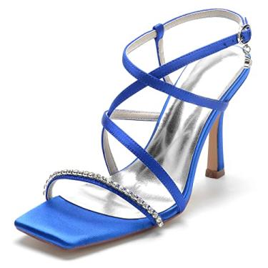 Imagem de Sandálias femininas de salto alto cetim tira corporal strass quadrado pingente aberto salto verão sapatos, Azul, 7.5