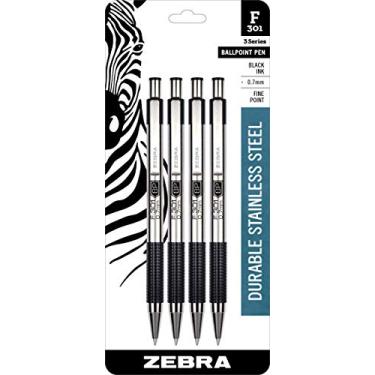 Imagem de Zebra F-301 Ballpoint Stainless Steel Retractable Pen, Fine Point, 0.7mm, Black Ink, 4-Count (Packaging May Vary)