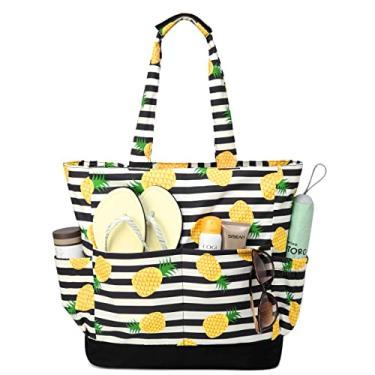 Imagem de Bolsa de Praia para Mulher, VASCHY Bolsas Tipo Sacola Grande Impermeável à prova de Areia Dobrável para Piscina com Zíper/Bolsos,Abacaxi listrado