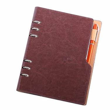 Imagem de A5 6 Anéis Couro PU Folhas Soltas Negócios Rodada Pasta Caderno Cadernos 90 Folhas Com uma Caneta Exposta Inserida, Marrom, 2 Pçs