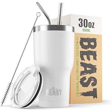 Imagem de Caneca de café isolada BEAST – 900 ml I Arctic White I aço inoxidável I reutilizável, copos isolados I 2 canudos e escova de limpeza, garrafa térmica de café de viagem de parede dupla I café quente ou