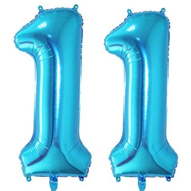 Imagem de MAGJUCHE Balões de número digital jumbo de hélio azul de 101,6 cm, soprados com hélio, decoração de suprimentos de festa de aniversário de 11 anos para meninas ou meninos