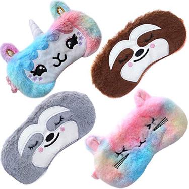Imagem de Pacote com 4 máscaras de dormir de unicórnio para meninas Venda de pelúcia macia chifre de unicórnio fofo alpaca gato preguiça máscaras de dormir cobertura para os olhos para crianças adolescentes mulheres avião viagem soneca noite sono