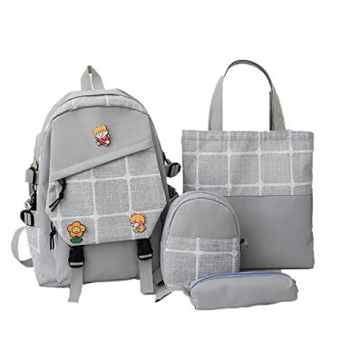 Imagem de Mochila universitária 4 peças mochila casual de lona com bolsa, bolsa de moedas, estojo de lápis, mochila xadrez com pingente de grande capacidade, cinza, 1