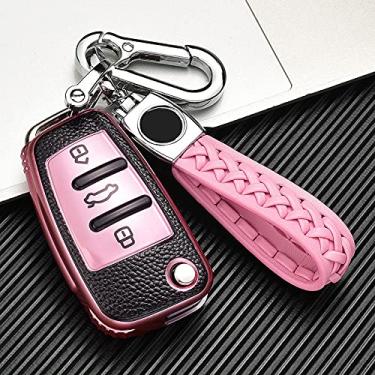 Imagem de YJADHU Capa de couro TPU masculina feminina capa de chave dobrável para carro, apto para Audi A3 A4 A5 A6 B6 B7 B8 Q3 Q7 S3 C5 C6 4F 8L 8P 8V RS3 S3 TT, chaveiro rosa