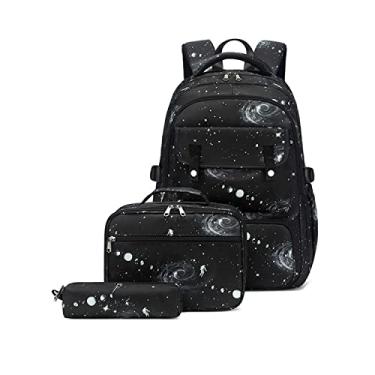 Imagem de kit de mochila escolar infantil menino, mochila masculina grande impermeável lancheira termica masculina estojo pequeno conjunto de três peças (Preto 1)