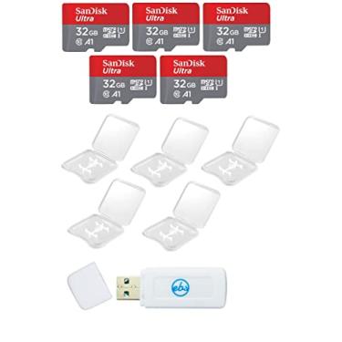 Imagem de Cartão flash de memória SanDisk Ultra 32GB Micro SD SDHC (pacote com 5) UHS-I Classe 10 SDSQUA4-032G-GN6MN Pacote de lote de atacado com 5 estojos de joias de plástico e leitor de cartão Everything