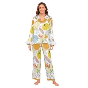 Imagem de GuoChe Conjunto de pijama macio de manga comprida com punho de penas para mulher, conjunto de pijamas de festa de noiva, conjunto de pijamas para dormir, P, moderno, outono, Abóboras