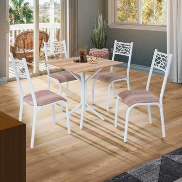 Imagem de Mesa De Jantar Com 4 Cadeiras Em Aço Branco Carvalho Com Estofado Capuccino Loza Shop Jm