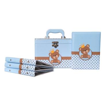 Imagem de Maleta Box Ursinho Príncipe com 4 álbuns fotográficos 240 fotos 15x21  Bebê Infantil Azul Urso