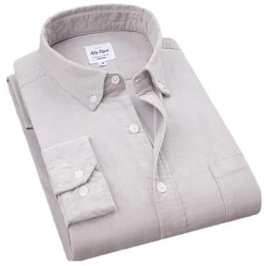 Imagem de BoShiNuo Camisa masculina de veludo cotelê de algodão quente outono inverno manga comprida camisa casual inteligente para homens confortáveis, Bege cinza, M