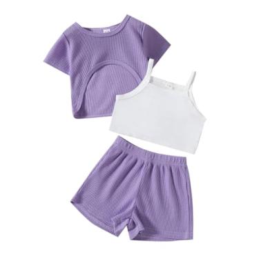 Imagem de Roupas infantis para meninas + camiseta de cor lisa + shorts casuais conjunto de shorts fofos de verão 3 peças, Roxa, 2-3 Anos