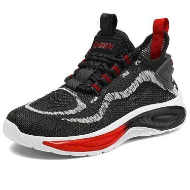 Imagem de RUNSIDE Tênis para meninos e meninas para corrida leve tênis esportivo leve casual respirável caminhada com cadarço para uso ao ar livre, Preto/vermelho, 3 Big Kid