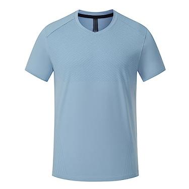 Imagem de Camiseta masculina atlética de manga curta, secagem rápida, lisa, listrada, leve, fina, Azul, XXG