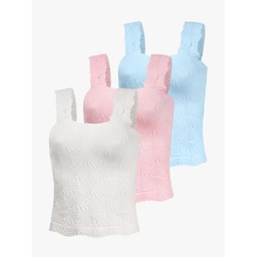Imagem de Camiseta regata feminina gola quadrada slim fit alça larga sem mangas com acabamento de alface com jacquard floral, Preto, branco, rosa, M