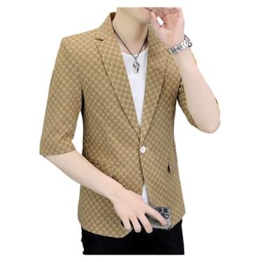 Imagem de Blazer masculino casual xadrez jacquard lapela com botão frontal blazer meia manga slim fit, Cáqui, 3G