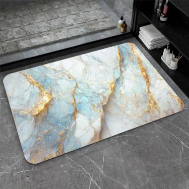 Imagem de ZHUZHISHAN Tapete de banho de terra diatomácea, azul, branco e dourado mármore antiderrapante, volume super absorvente, secagem rápida para banheiro, cozinha, tapete de porta, ecológico, fácil de