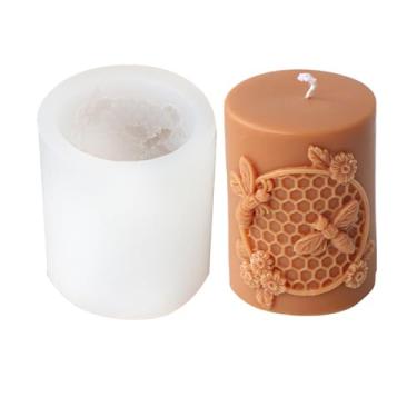Imagem de Xidmold Molde de vela cilíndrica de flor de favo de mel, molde de silicone de colmeia de abelha para vela de cera de abelha, vela de cera de soja, ornamento de gesso, artesanato DIY (E)