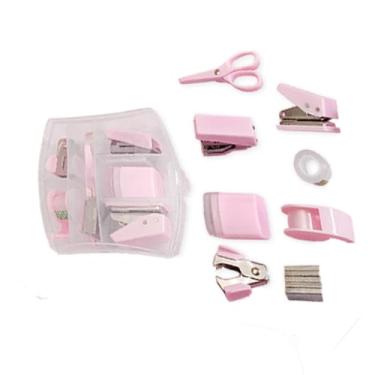 Imagem de Mini kits de material de escritório mini material escolar – inclui tesoura, mini grampeador, dispensador de fita, furador, grampeador de mesa grampos mini com estojo portátil para material escolar de