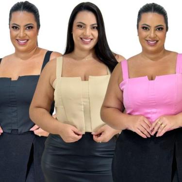 Imagem de Kit 3 Cropped Top Plus Size Alfaiataria Luxo Com Detalhe Lastex Moda F