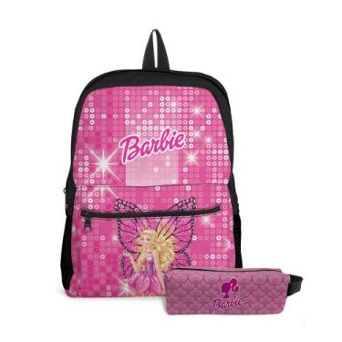 Imagem de Kit Mochila com Bolso e Estojo Infantil Menina Barbie Rosa  - Use Thuc