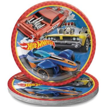 Imagem de Amscan Pratos de papel redondos Hot Wheels multicoloridos (23 cm) Pacote com 8 - Louça de festa vibrante para aniversários, celebrações e eventos