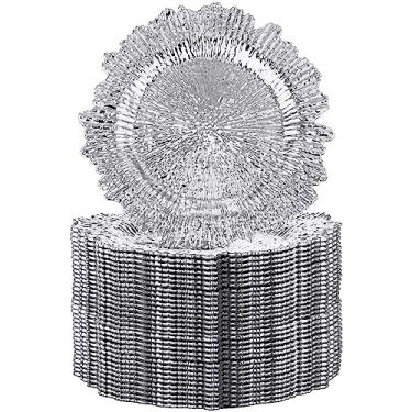 Imagem de Conjunto de 32 pratos carregadores, carregadores de recife para mesa de jantar, bandeja de servir, pratos decorativos de plástico floral para mesa de casamento, 33 cm (prata)