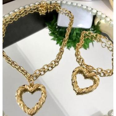 Imagem de Kit Feminino Coração vazado, Cordão + Pulseira Banhado A Ouro 18k - Ba