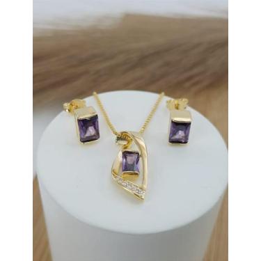 Imagem de Conjunto Banhado a Ouro Com Pedra Colorida Bijou Art, Roxo
