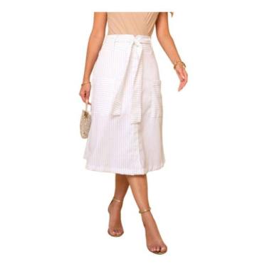 Imagem de Saia Midi Clássica Risca De Giz Em Linho Refinado - Lumia, Branco, GG