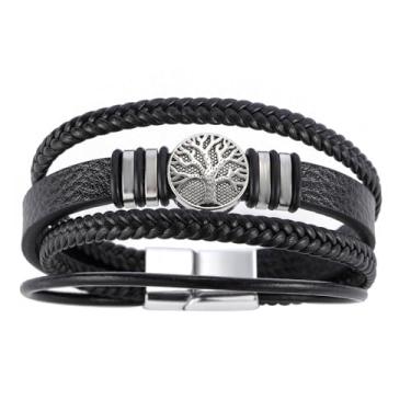 Imagem de Dreamtimes Pulseira masculina Yggdrasil World Tree of Life Pulseira de couro trançada de várias camadas religiosas masculinas pulseiras de liga viking para mulheres e homens, joias do Dia dos Pais,