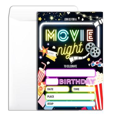 Imagem de Wybgno Convite de festa de aniversário de noite de cinema 20 filmes festa do pijama festa de néon convite de aniversário com envelopes para meninos meninas cartões de convite de festa -4 × 6 polegadas